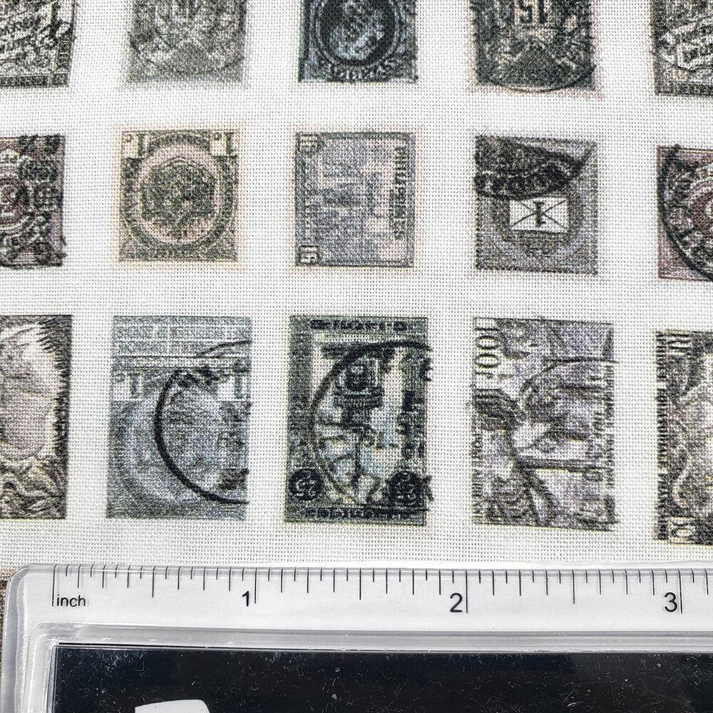 vintage stamps, Tim Holtz fat quarter, palette, junk journal fabric, slow stitch, vintage style, eclectic elements, monochrome, abandoned