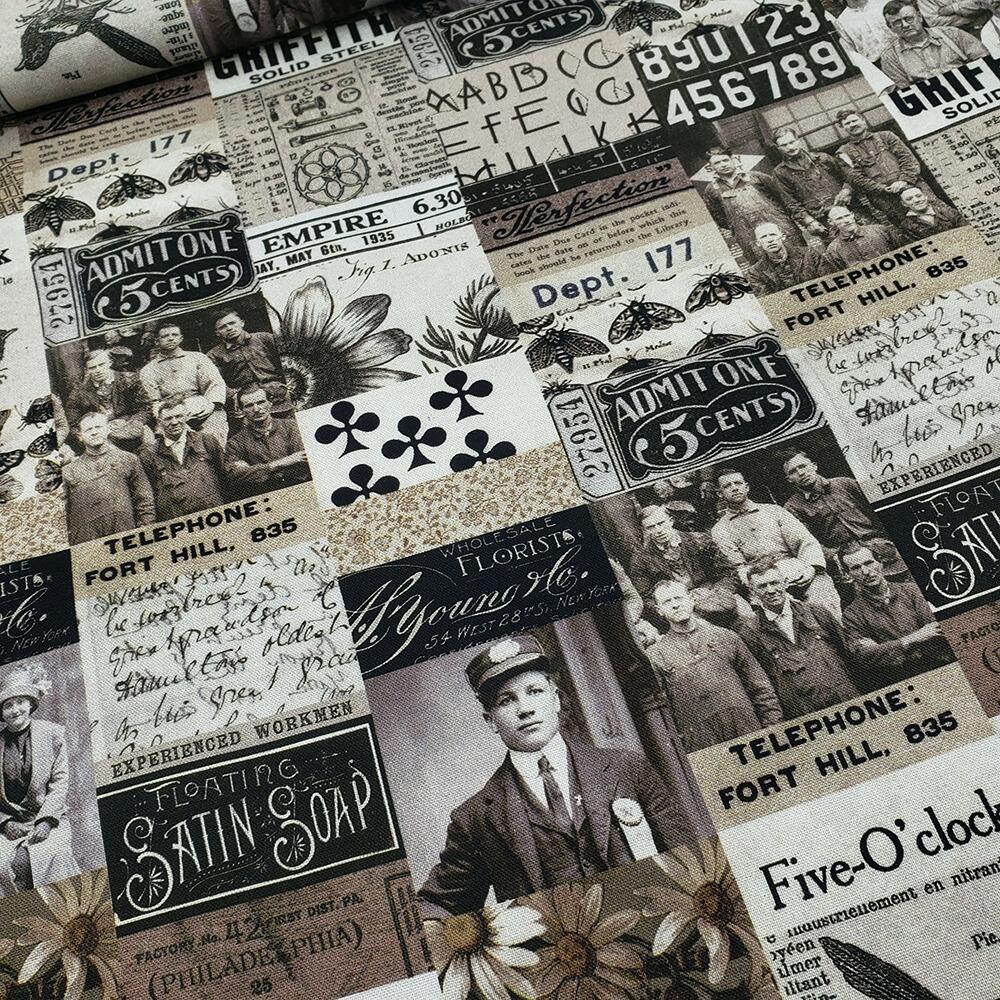 vintage montage, Tim Holtz fat quarter, palette, junk journal fabric, slow stitch, vintage style, eclectic elements, monochrome, abandoned, junk journal fabric