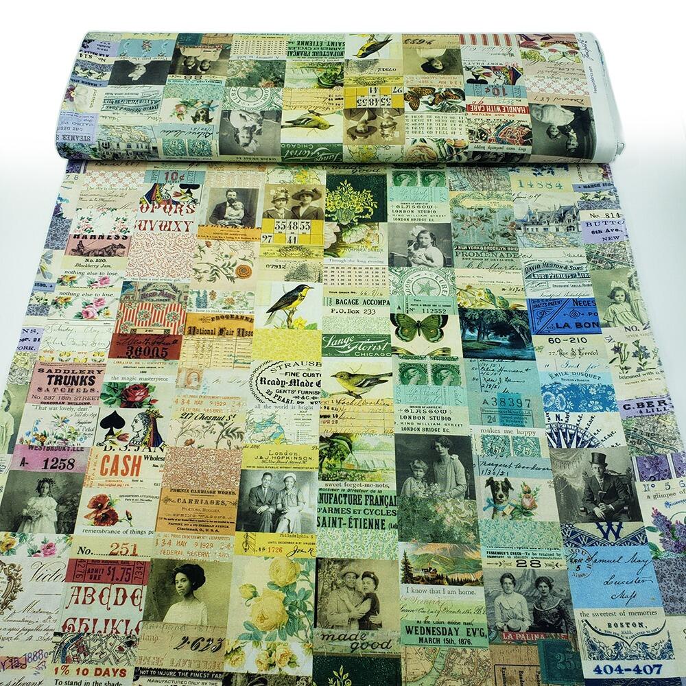 vintage stamps, Tim Holtz fat quarter, palette, junk journal fabric, slow stitch, vintage style, eclectic elements, monochrome, abandoned,PWTH320