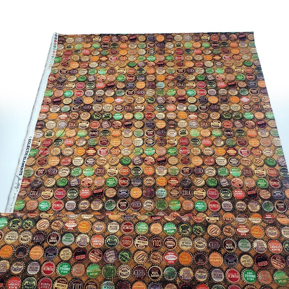 Tim Holtz, top shop, fat quarter, palette, junk journal fabric, slow stitch, vintage style, eclectic elements, monochrome, abandoned, PWTH024, vintage bottle tops