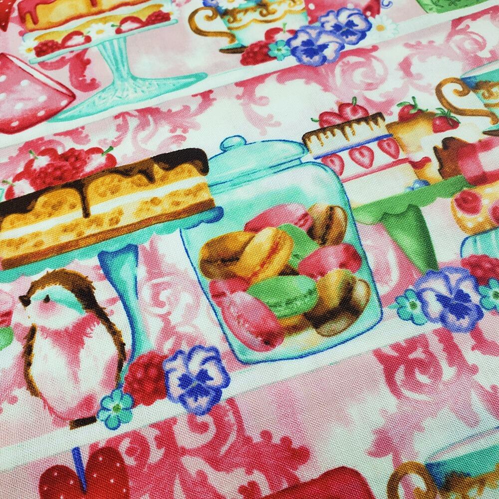 afternoon tea fabric, cakes, birds, teacups, sweet treats, bella coco fabric