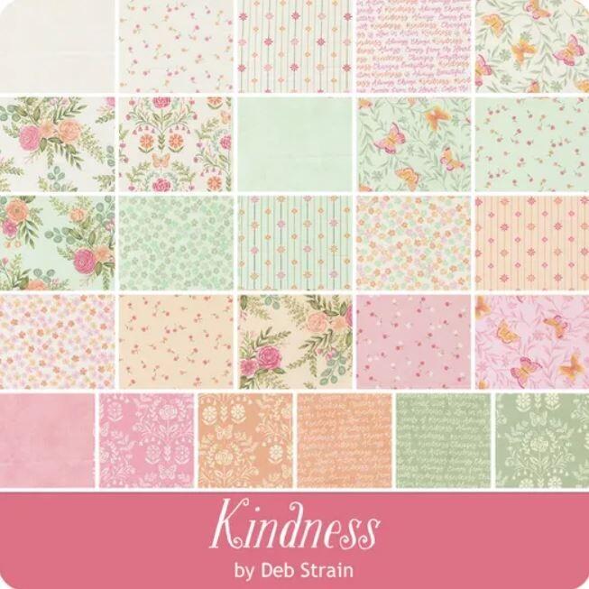moda charm pack, kindness, deb strain, soft florals, pastel colours 5 inch squares, easy patchwork squares