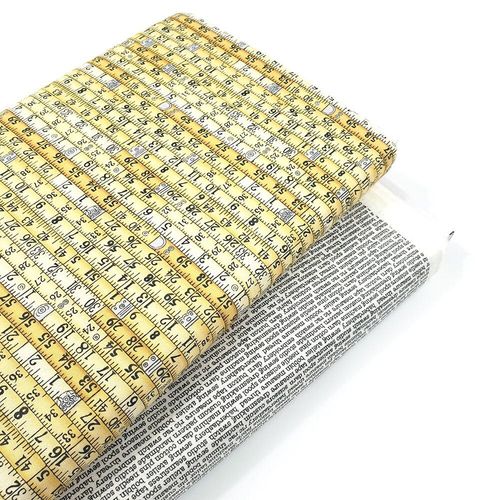 Makower atelier, tape measures fabric, typed sewing words, fashion themed fabric, tailor's fabric