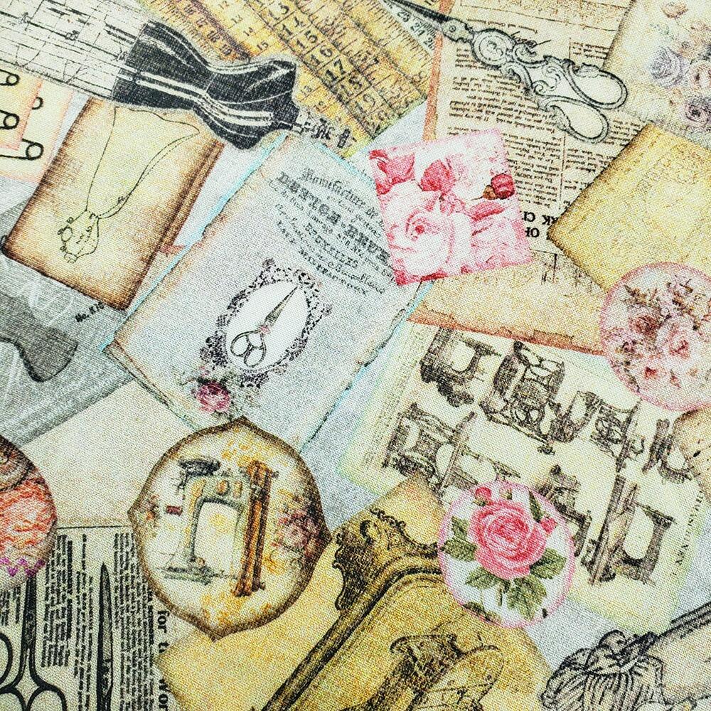 sew shabby chic, vintage sewing machines, fabric panel, vintage tape measures, sewing ephemera, junk journal fabric