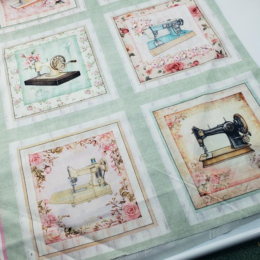 sew shabby chic, vintage sewing machines, fabric panel, vintage tape measures, sewing ephemera, junk journal fabric