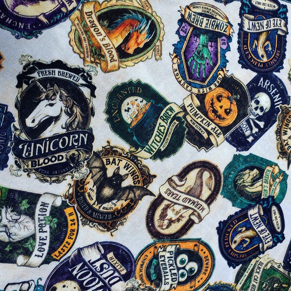witchypoo, halloween fabric, witches panel, spell bottles, spell books, cotton spooky fabric, QT fabrics