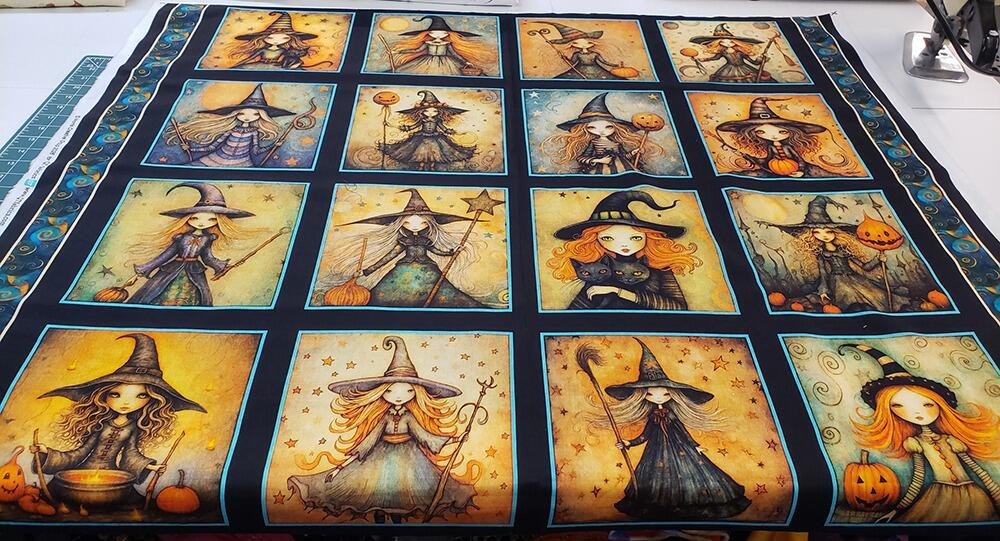 witchypoo, halloween fabric, witches panel, spell bottles, spell books, cotton spooky fabric, QT fabrics