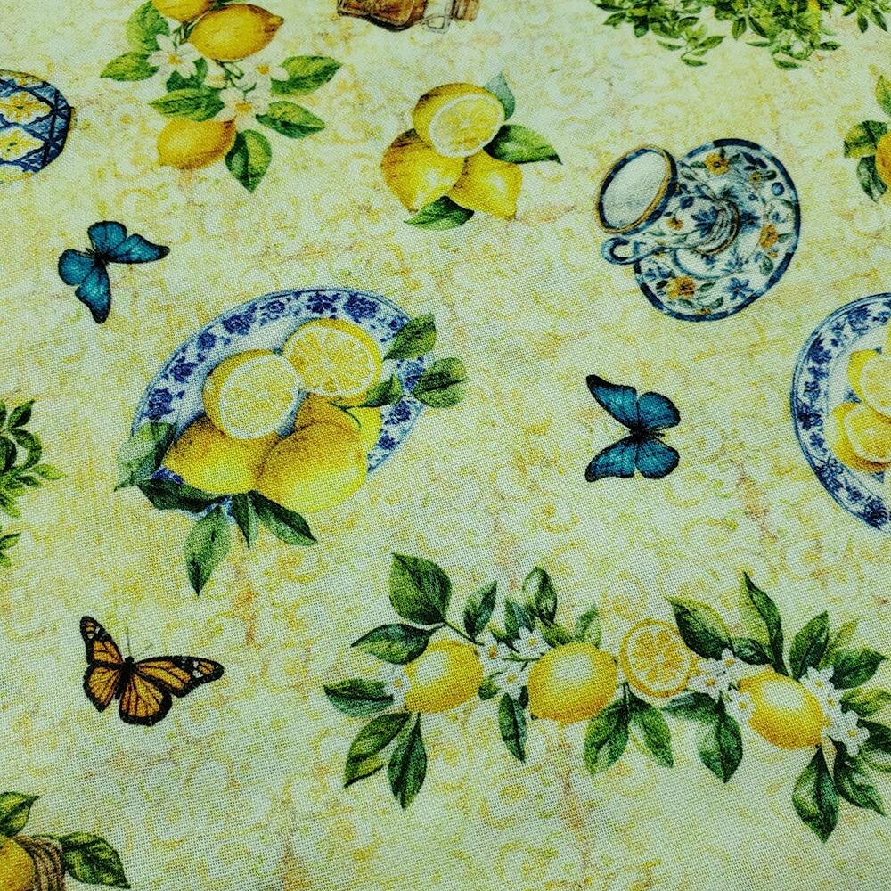 QT fabrics, citrus bliss, lemon trees, vintage teapots, junk journal, slow stitch fabric, butterflies