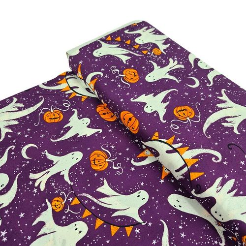 purple halloween fabric, spooky ghosts, pumpkins, trick or treat bags, halloween costume fabric