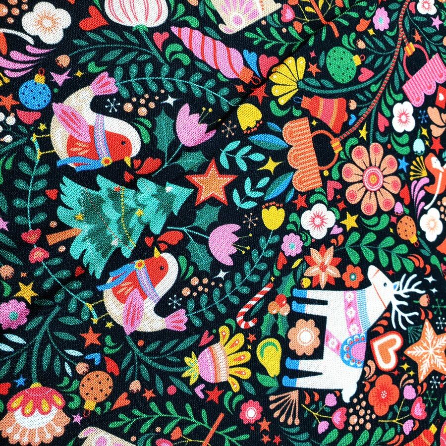 Geetanjali Behera fabric, deck the halls, thread and ink, bright colours, festive fabric, nutcracker fabric, reindeer, rabbits, christmas gifts