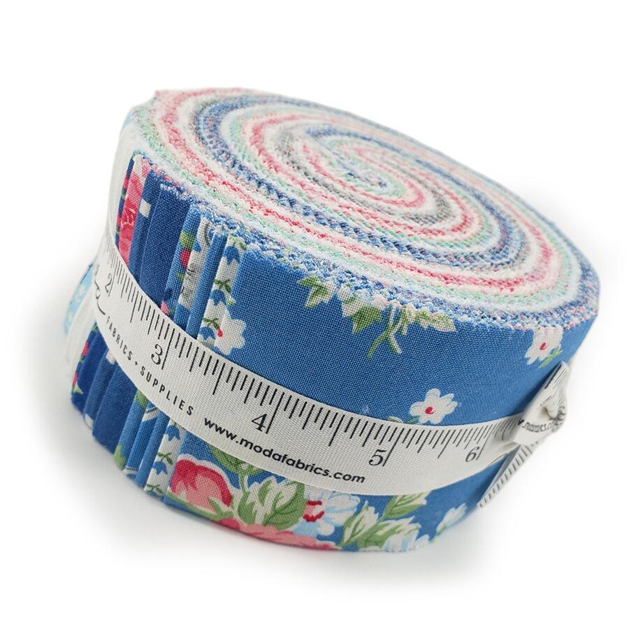Moda, a cat named stitch jelly roll, pastel floral fabric, cottagecore, roses, strips for patchwork, cotton, easy quilting, precut strips, charm pack, camille roskelly