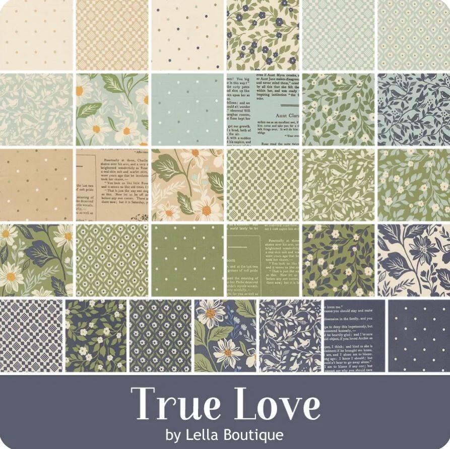louisa may alcott fabric, rose in bloom, true love, floral fabric squares, moda charm pack, lella boutique, patchwork squares