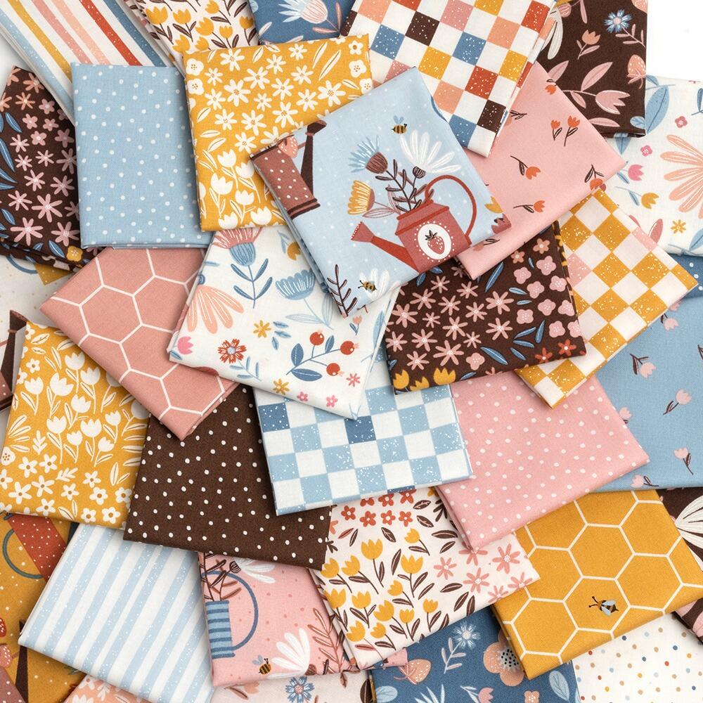 moda charm pack, blossoms & blooms, elena amo, flowers, watering cans, vintage inspired fabric