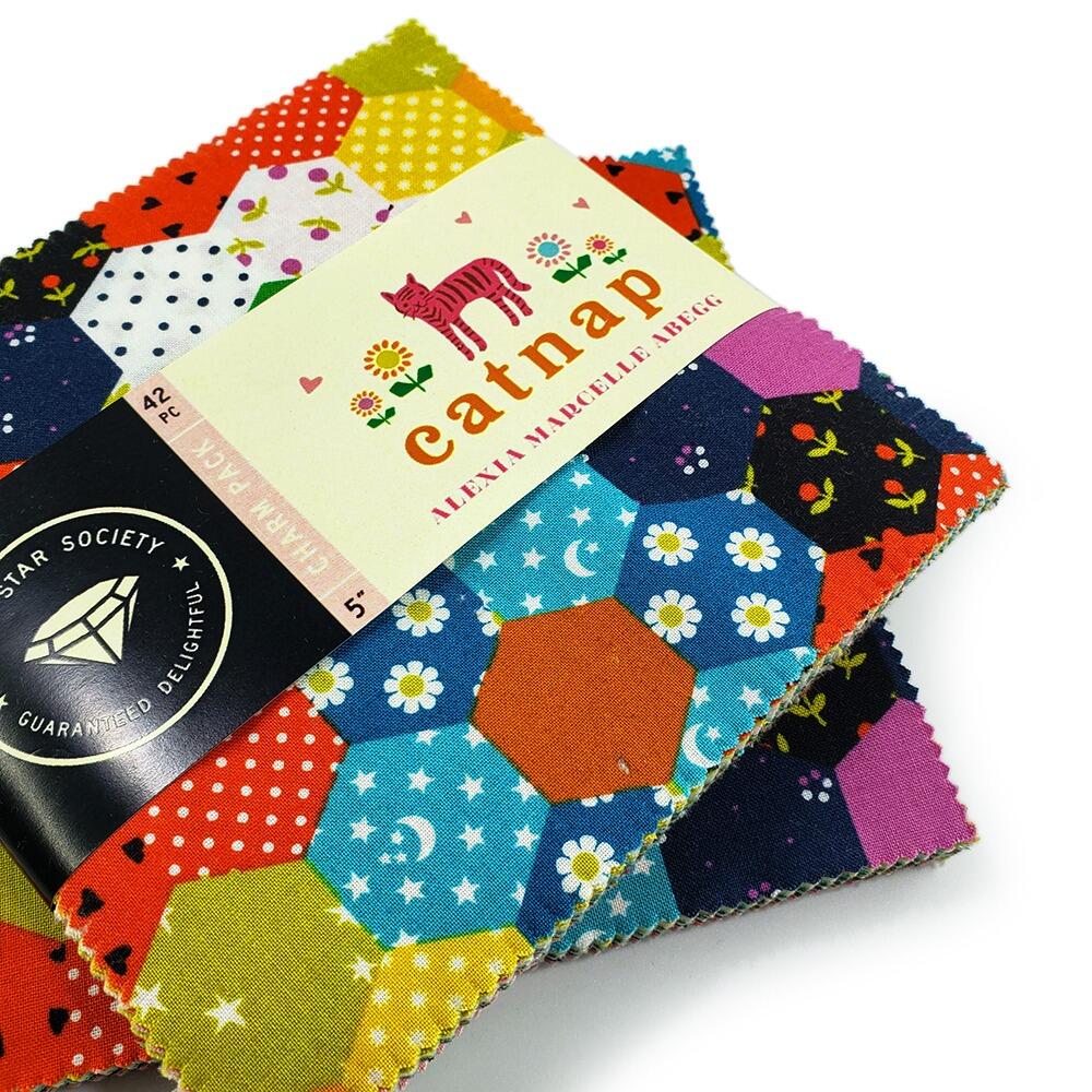 Catnap charm, pack ruby star society, alexia abegg, hexie cheater print, tiger fabric, 5 inch squares, easy patchwork quilt