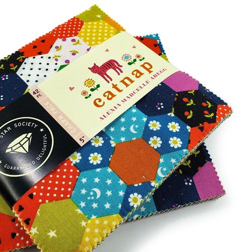 Catnap charm, pack ruby star society, alexia abegg, hexie cheater print, tiger fabric, 5 inch squares, easy patchwork quilt