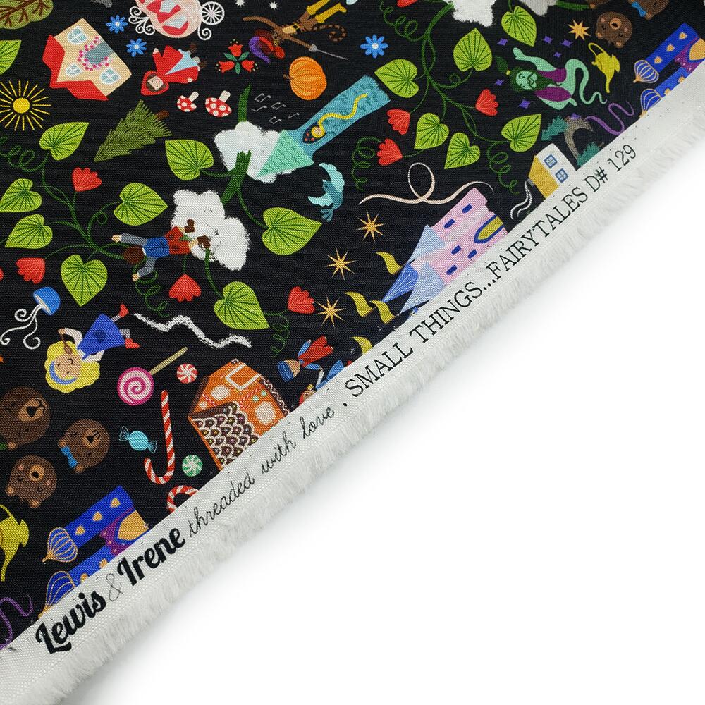 Lewis & Irene small things fairytales, farytale fabric, jack and the beanstalk, goldilocks, rapunzel, cotton double border, fairytales scatter fabric