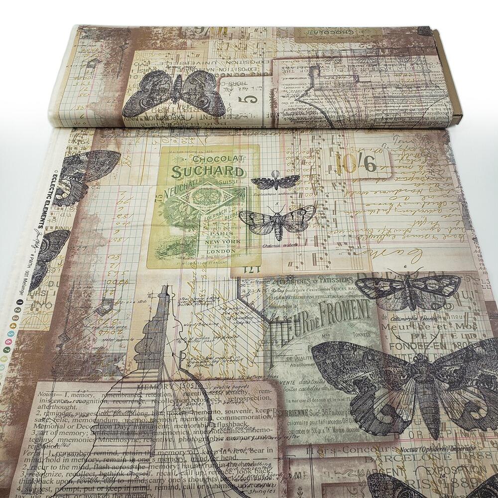 Tim Holtz, melange, butterflies, fat quarter, palette, junk journal fabric, slow stitch, vintage style, eclectic elements, monochrome, abandoned, PWTH001