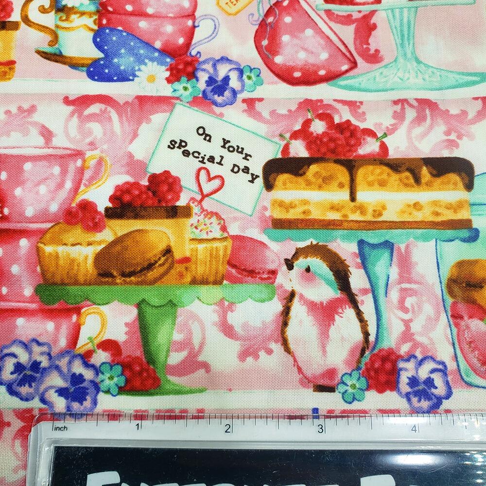 afternoon tea fabric, cakes, birds, teacups, sweet treats, bella coco fabric
