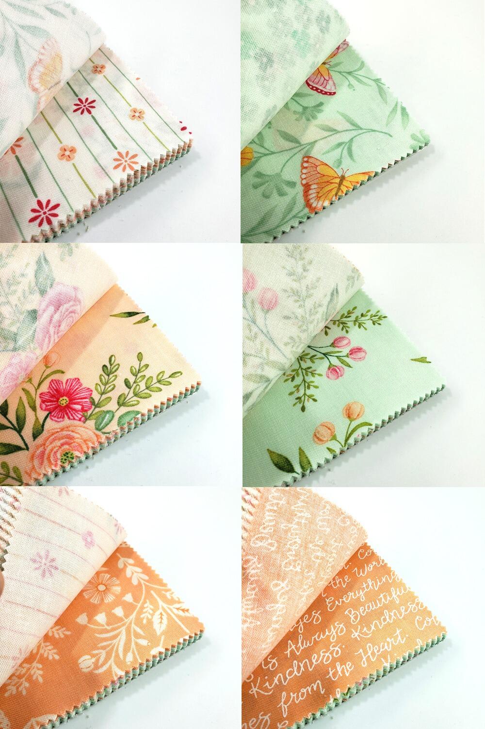 moda charm pack, kindness, deb strain, soft florals, pastel colours 5 inch squares, easy patchwork squares