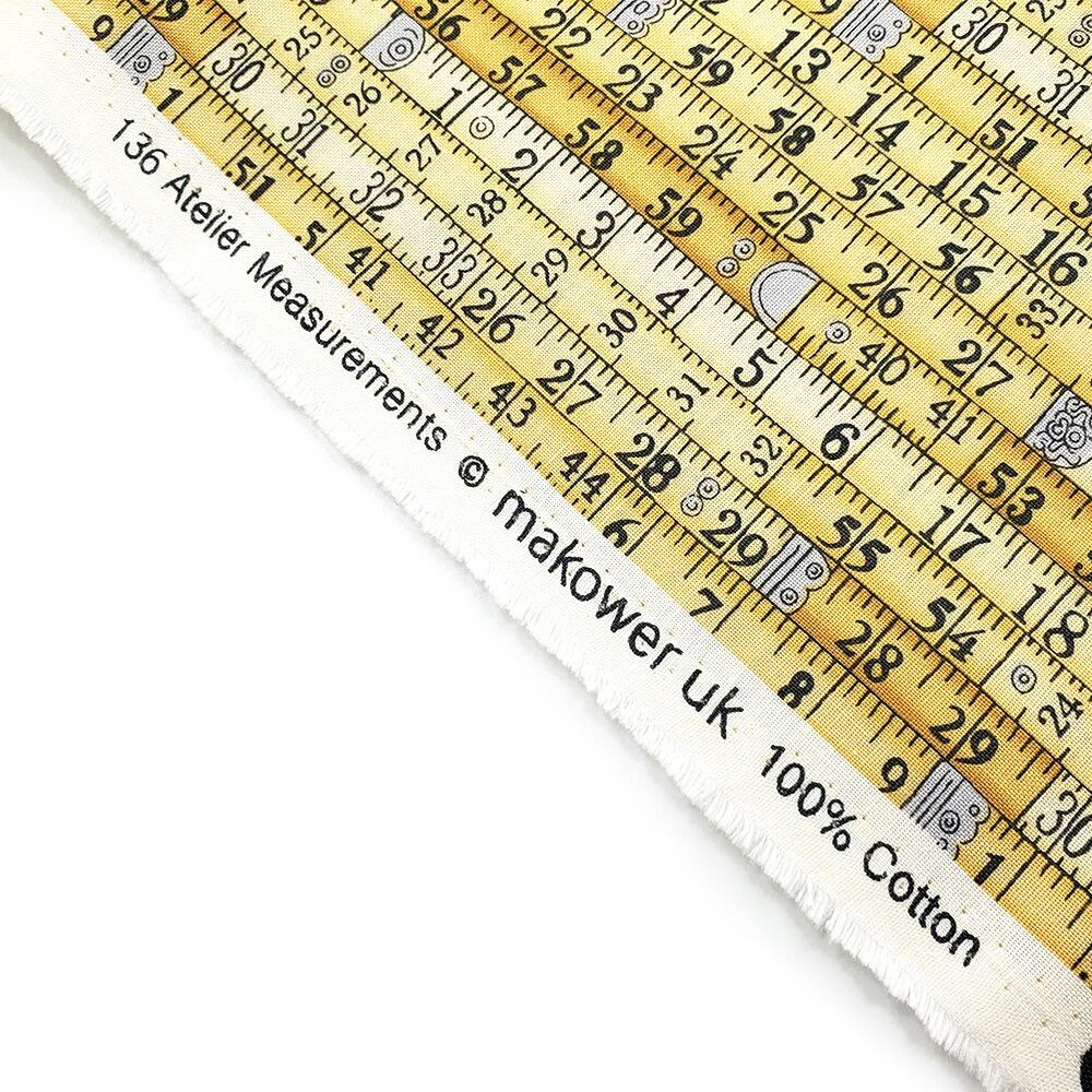 Makower atelier, tape measures fabric, typed sewing words, fashion themed fabric, tailor's fabric