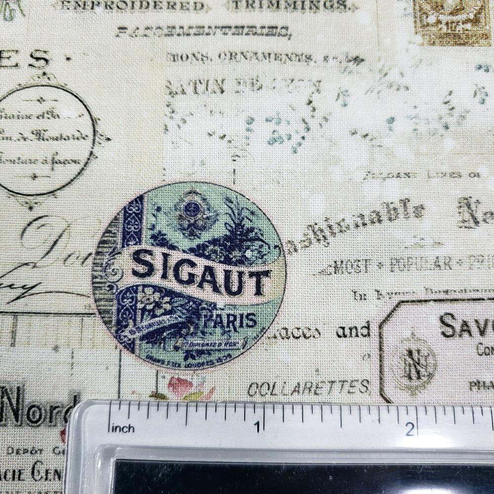 Junk journal fabric, slow stitch fabric, vintage paris, old handwriting, vintage sewing, parisian snippets, blank quilting, sewing themed fabric