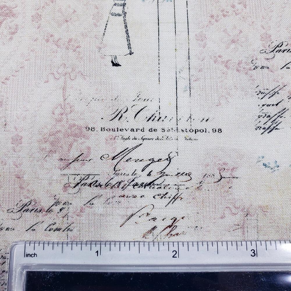 Junk journal fabric, slow stitch fabric, vintage paris, old handwriting, vintage sewing, parisian snippets, blank quilting, sewing themed fabric