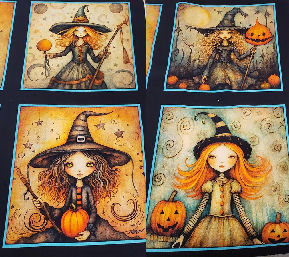 witchypoo, halloween fabric, witches panel, spell bottles, spell books, cotton spooky fabric, QT fabrics