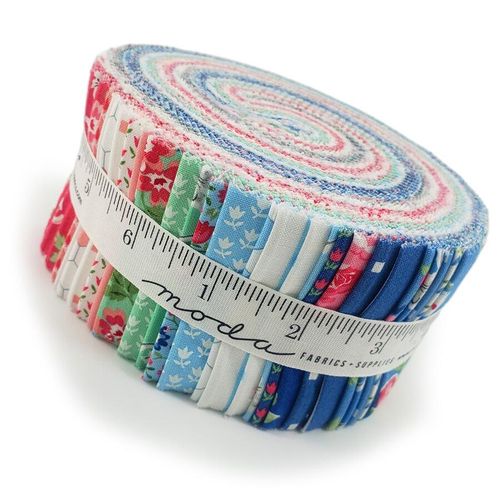 Moda, a cat named stitch jelly roll, pastel floral fabric, cottagecore, roses, strips for patchwork, cotton, easy quilting, precut strips, charm pack, camille roskelly