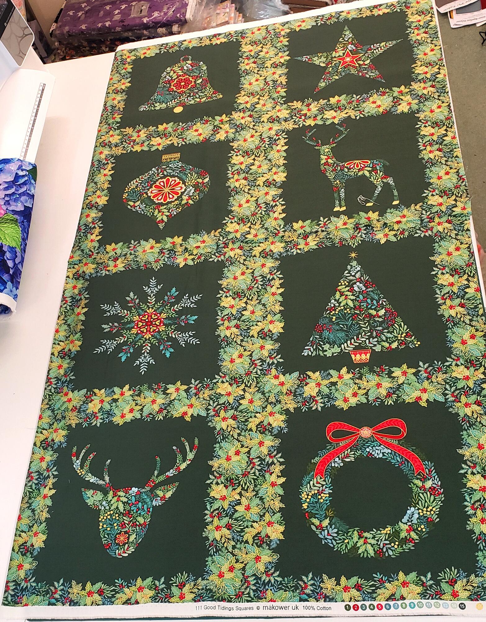 Makower Good Tidings 100% cotton Christmas fabric panels, deer, wreaths, snowmen