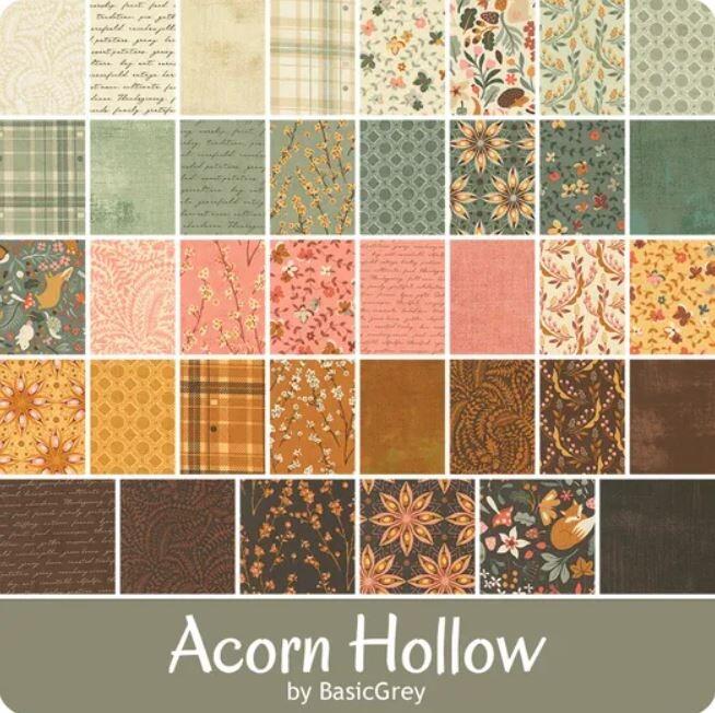 Moda, acorn hollow, basicgrey, autumnal fabric, autumn charm pack, woodland animals, 5 inch squares, patchwork squares