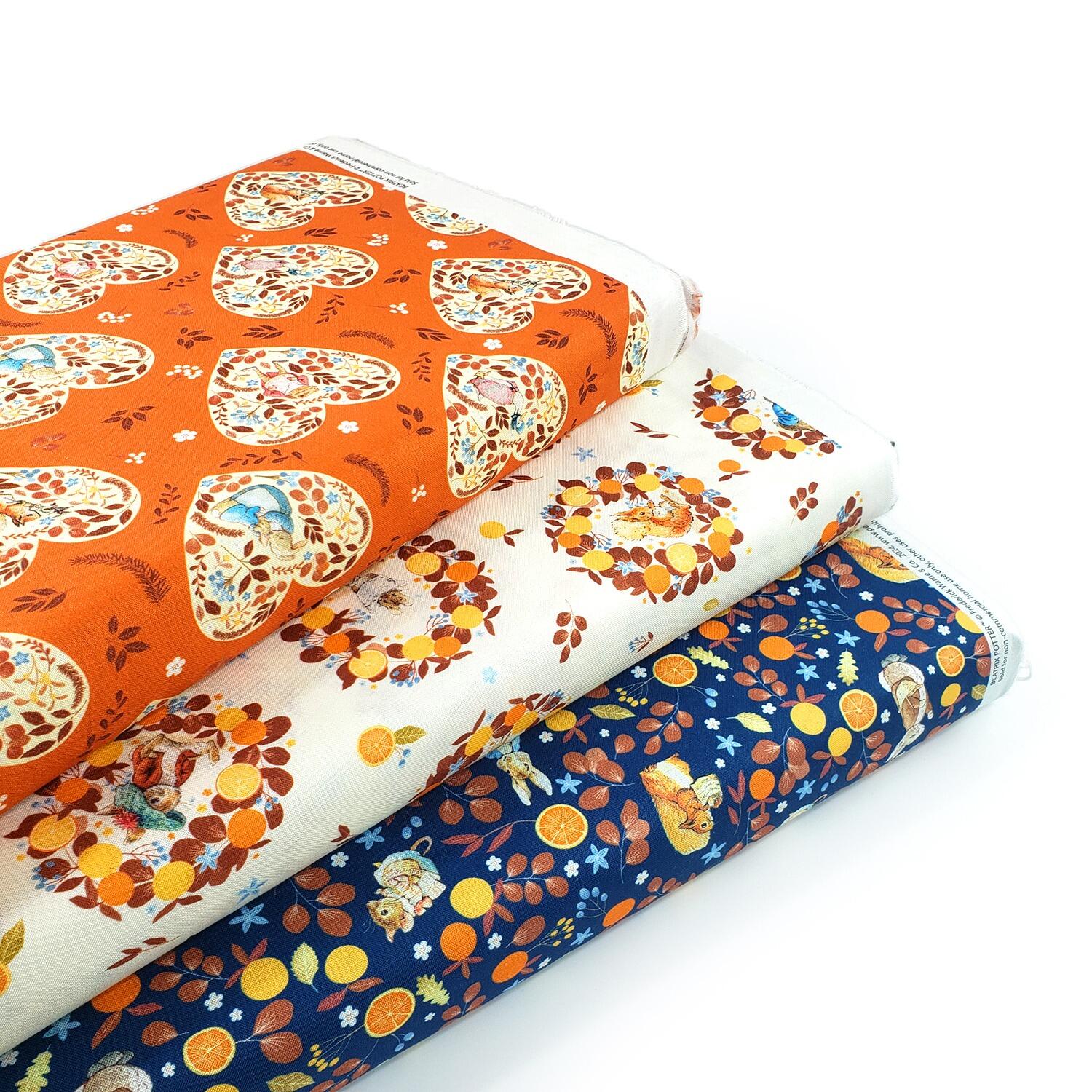 peter rabbit, jemima puddleduck, squirrel nutkin organic cotton fabric