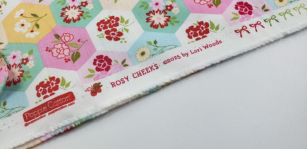 rosy cheeks,poppie cotton, flowers,strawberries, roses,pastels, vintage, colourful, hexies, patchwork cheater