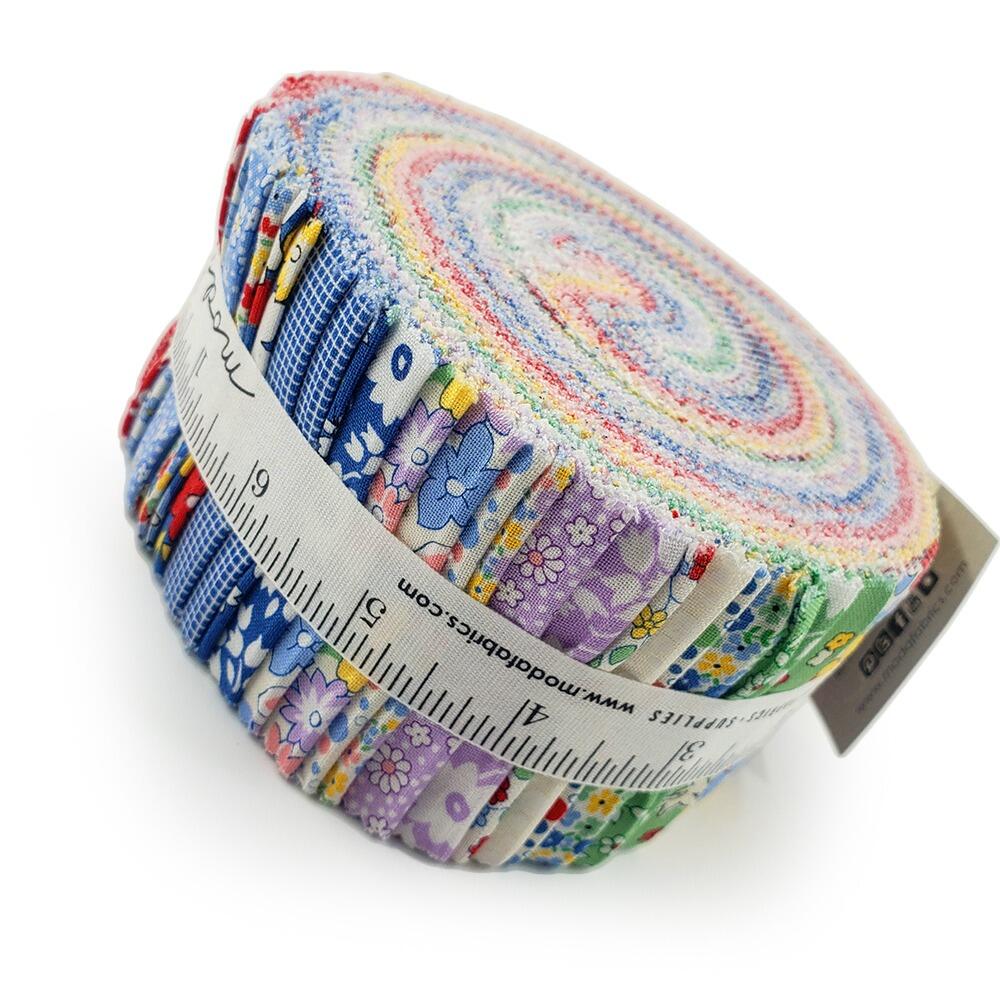 vintage floral fabric, moda jelly roll, 2.5" strips, mini florals, patchwork strips, easy quilting, 30s playtime