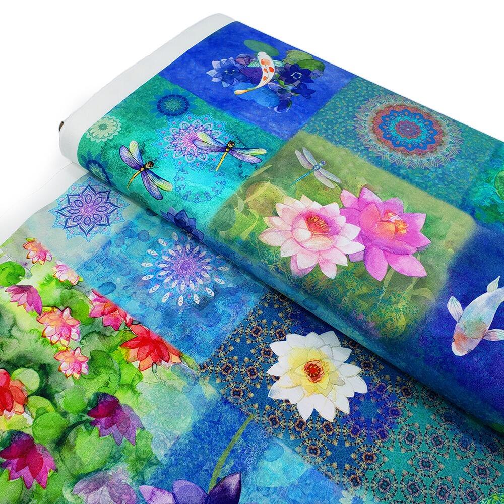 Lily Pond fabric, Sue Zipkin, Clothworks, quilting cotton, floral nature fabric, pond and botanical prints, watercolor style quilting fabric, premium cotton fabric