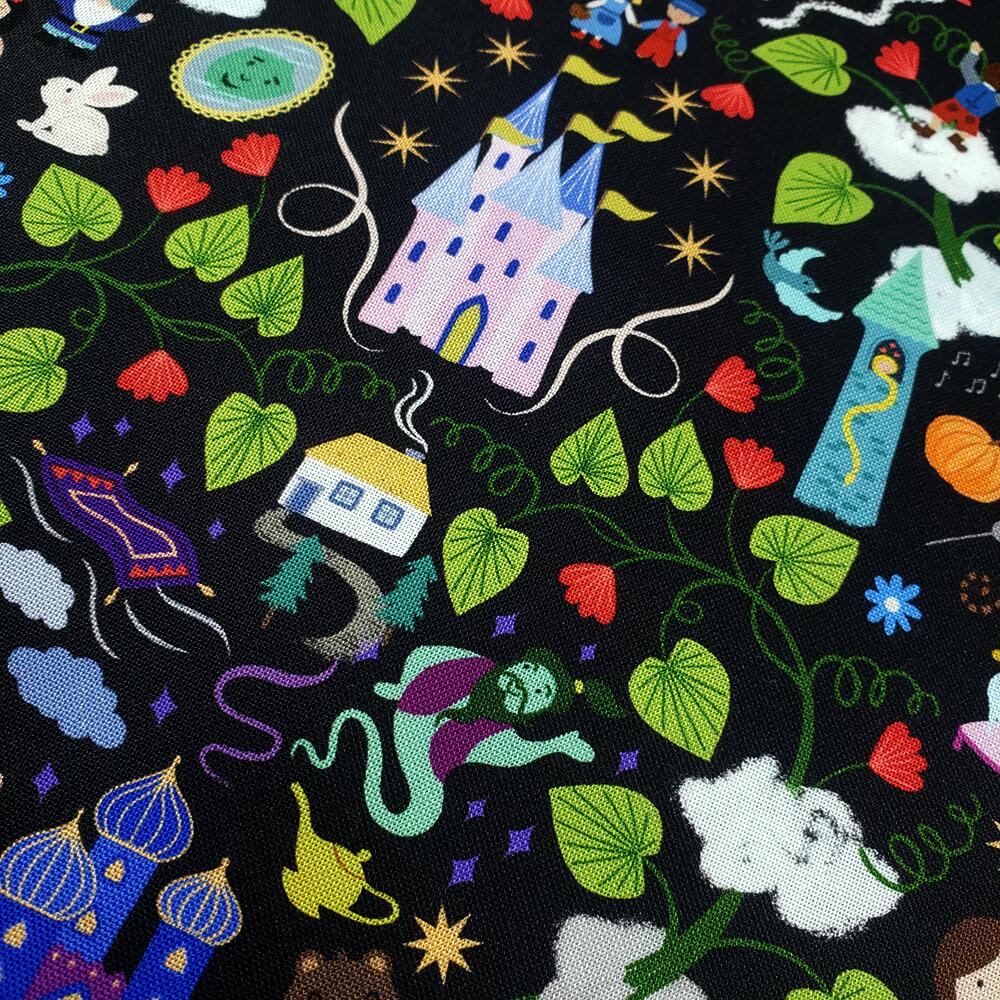 Lewis & Irene small things fairytales, farytale fabric, jack and the beanstalk, goldilocks, rapunzel, cotton double border, fairytales scatter fabric