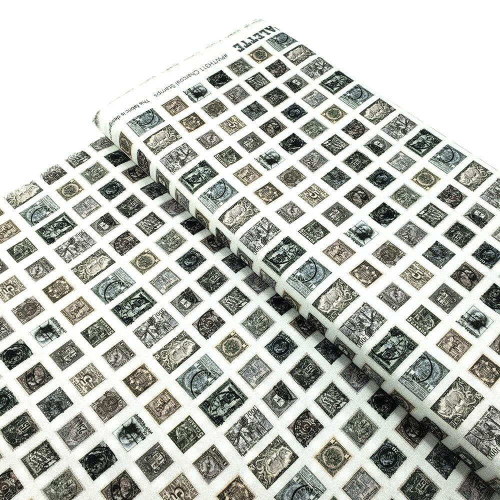 vintage stamps, Tim Holtz fat quarter, palette, junk journal fabric, slow stitch, vintage style, eclectic elements, monochrome, abandoned