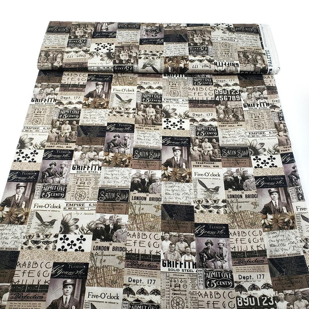 vintage montage, Tim Holtz fat quarter, palette, junk journal fabric, slow stitch, vintage style, eclectic elements, monochrome, abandoned, junk journal fabric