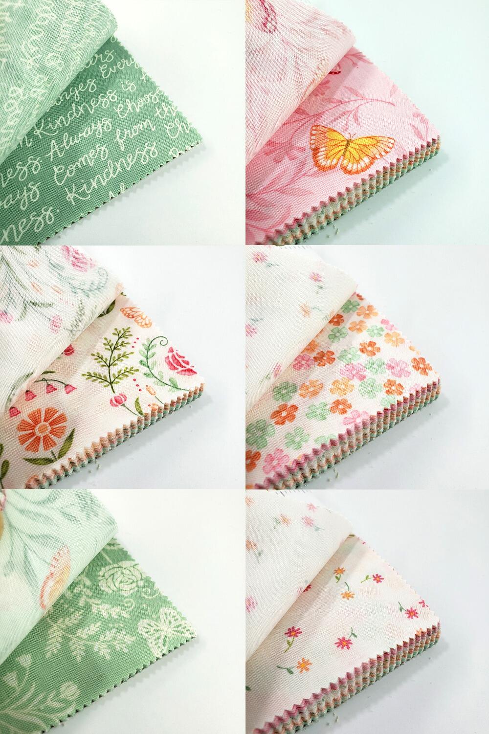 moda charm pack, kindness, deb strain, soft florals, pastel colours 5 inch squares, easy patchwork squares
