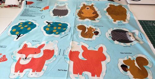 Let's camp playmat panel, cut & sew soft toys, forest animal toys, camping fabric, deer and mountains, Cynthia Frenette