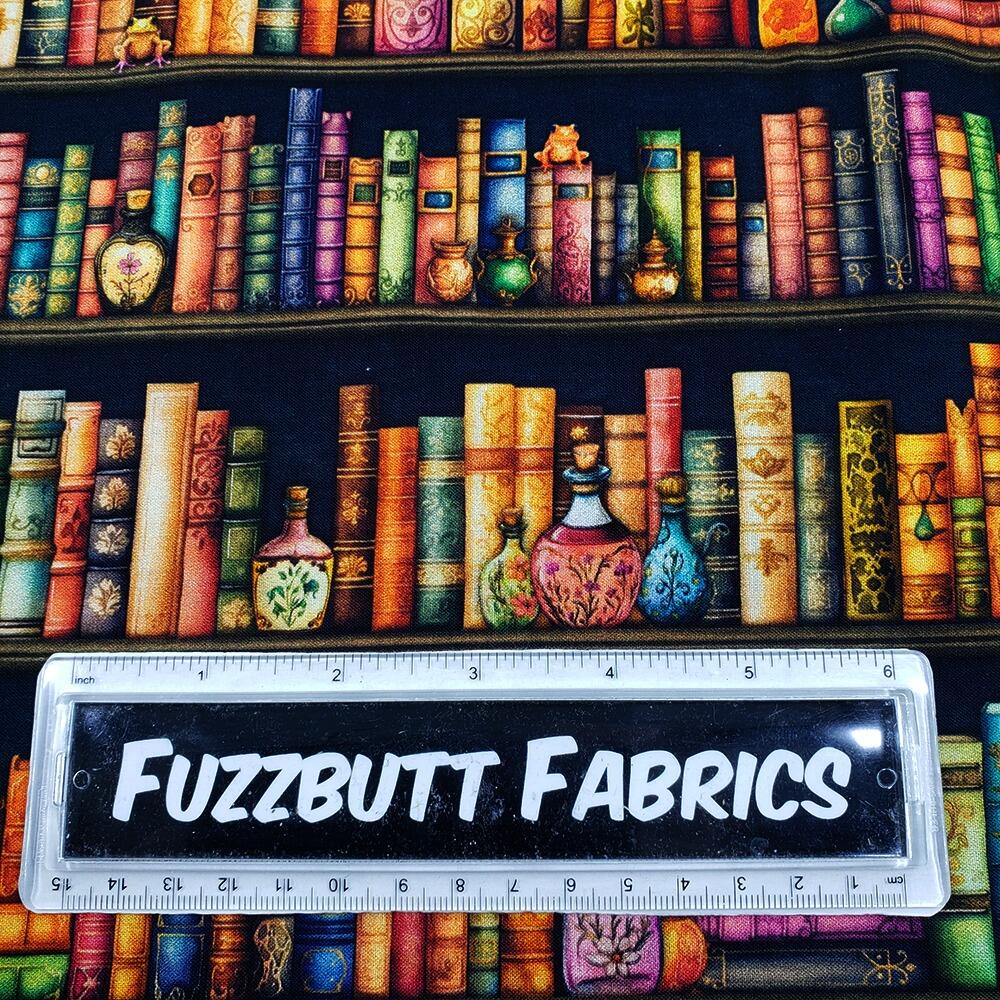 witchypoo, halloween fabric, witches panel, spell bottles, spell books, cotton spooky fabric, QT fabrics