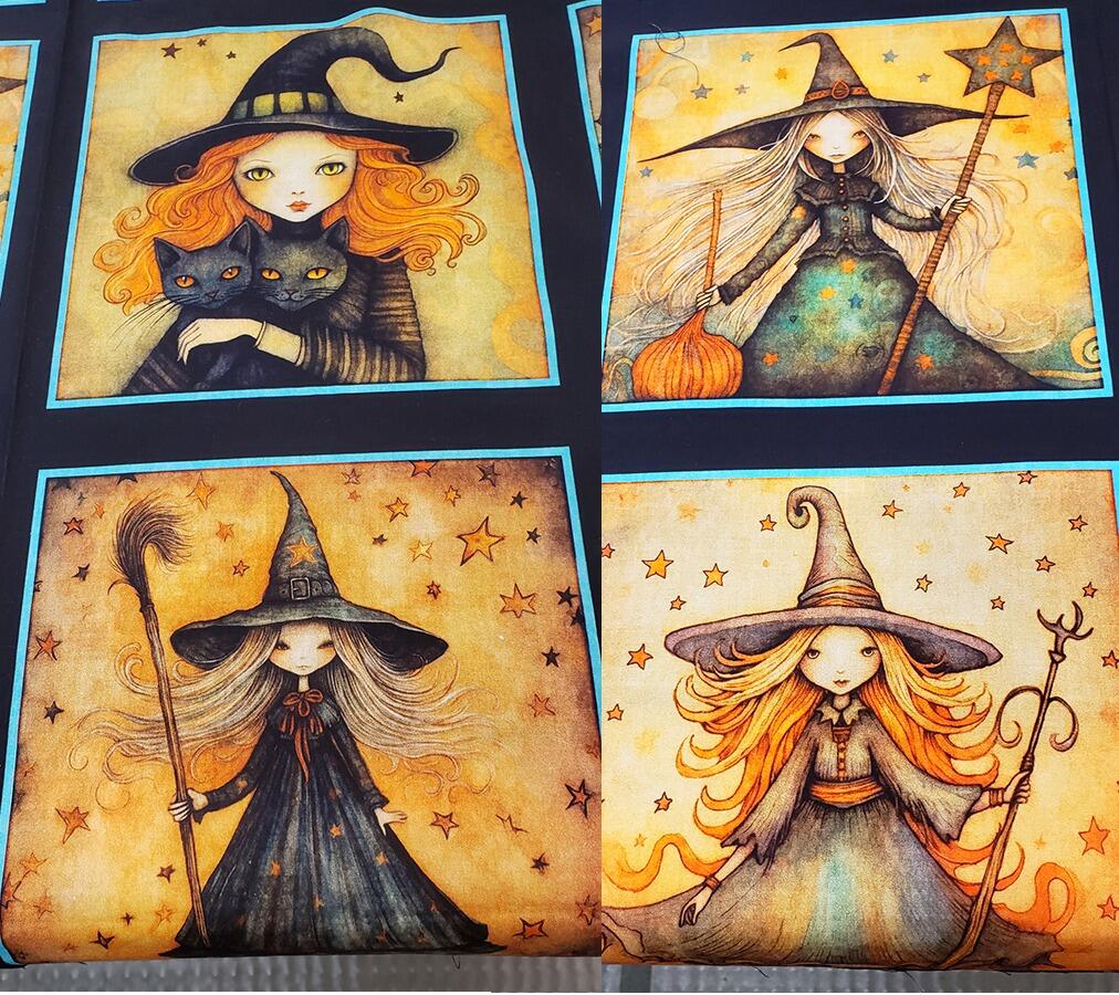 witchypoo, halloween fabric, witches panel, spell bottles, spell books, cotton spooky fabric, QT fabrics