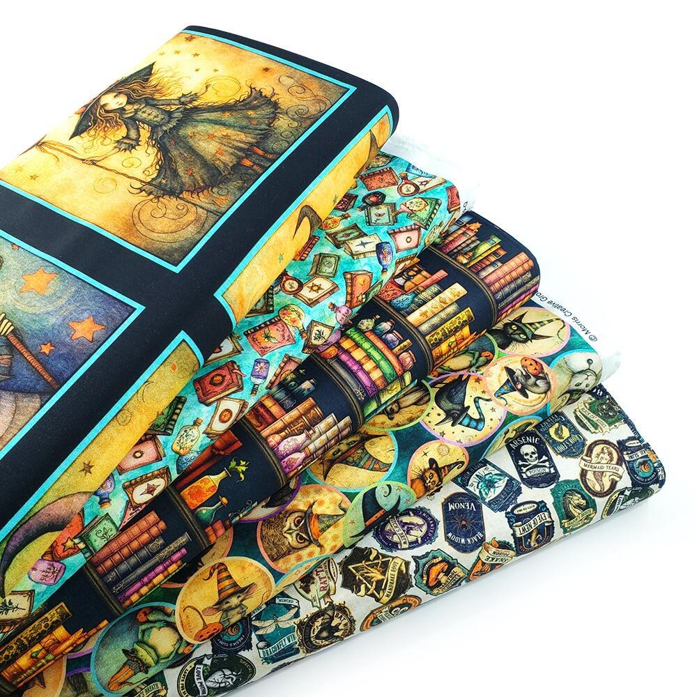 witchypoo, halloween fabric, witches panel, spell bottles, spell books, cotton spooky fabric, QT fabrics