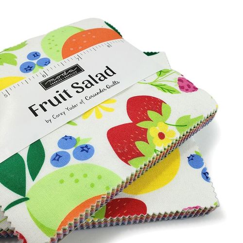 moda charm pack, fruit salad, corey yoder, fruit design fabric, ginghams, picnic fabric, primary colours, kids fruit fabric