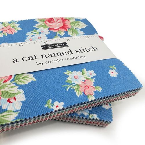 Moda, a cat named stitch charm pack, pastel floral fabric, cottagecore, roses, squares for patchwork, cotton, easy quilting, precut squares,charm pack, camille roskelly