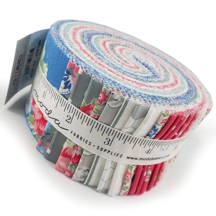 Moda, a cat named stitch jelly roll, pastel floral fabric, cottagecore, roses, strips for patchwork, cotton, easy quilting, precut strips, charm pack, camille roskelly