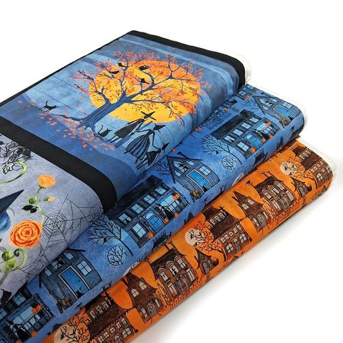 moda coven, witch fabric, spooky houses, haunted,halloween panel, halloween squares, applique squares, pumpkins, witches, spooky fabric