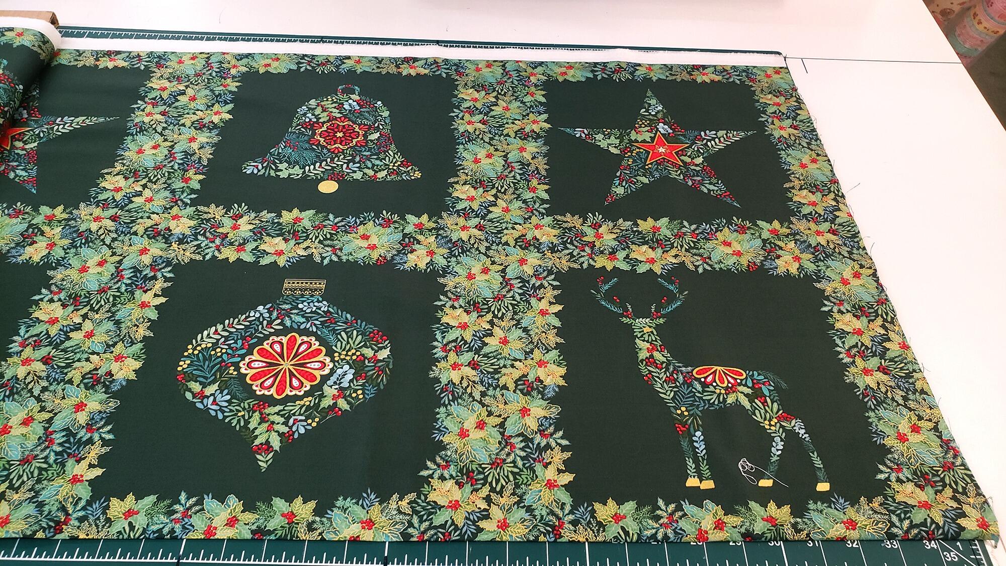 Makower Good Tidings 100% cotton Christmas fabric panels, deer, wreaths, snowmen