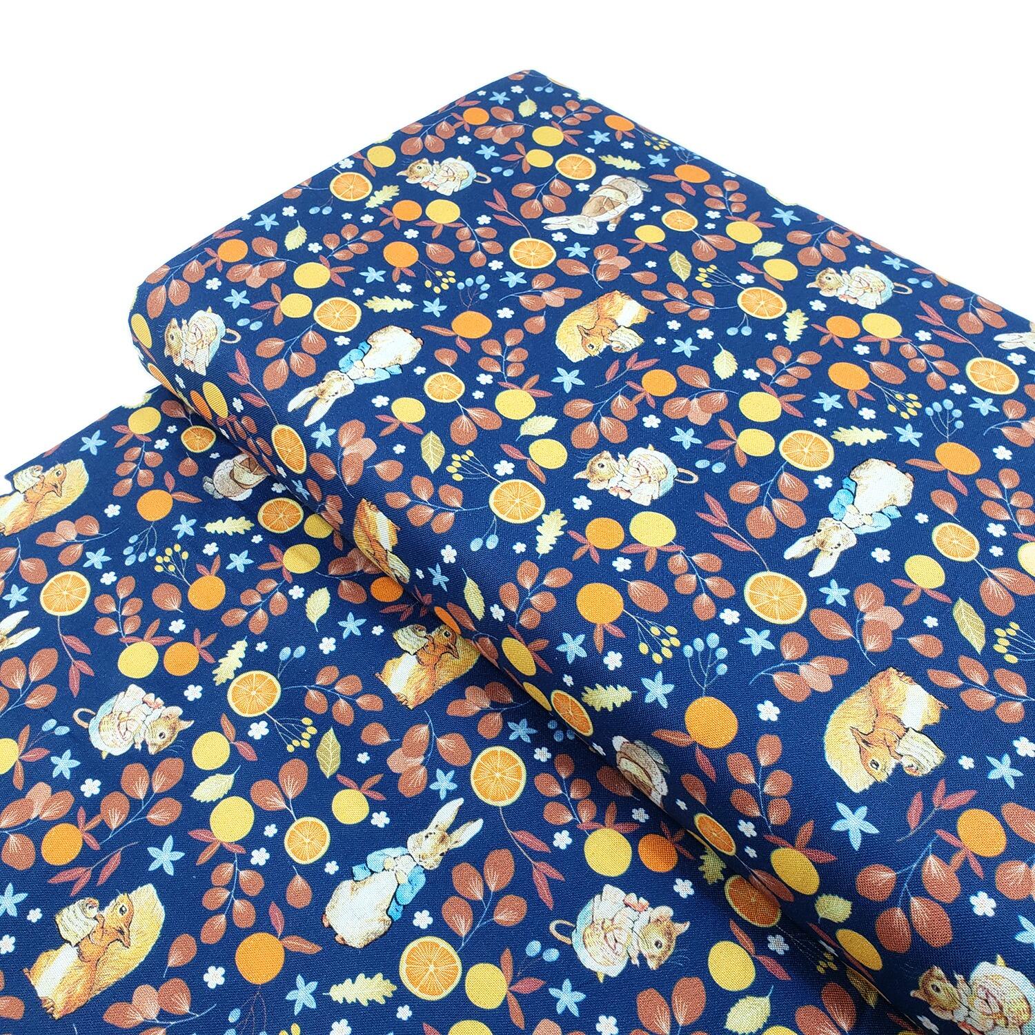 peter rabbit, jemima puddleduck, squirrel nutkin organic cotton fabric