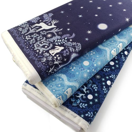 Lewis & Irene, winters moon, stags, hares, pearlescent, winter fabric, metallics, snowy fabric, winter