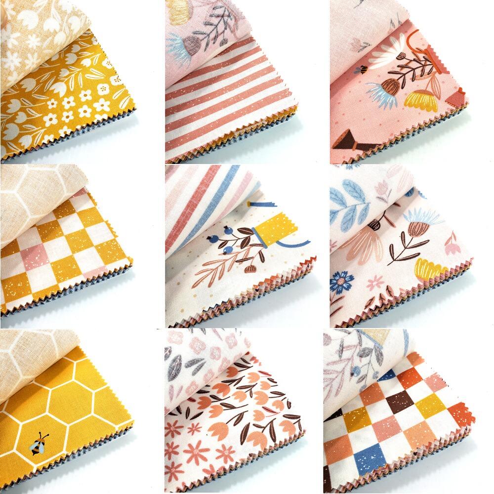 moda charm pack, blossoms & blooms, elena amo, flowers, watering cans, vintage inspired fabric